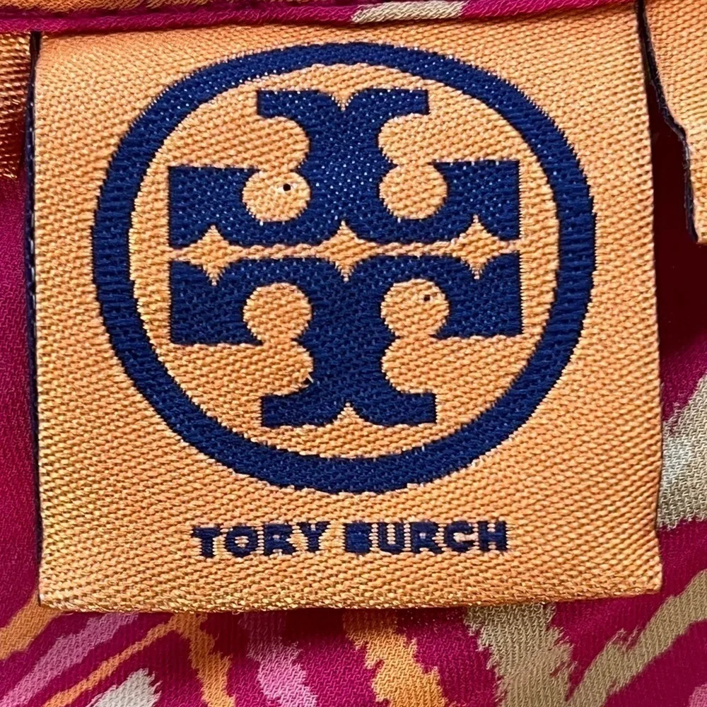 Tory Burch Geometric Silk Long Sleeve Blouse, Pink & Orange, Size 4